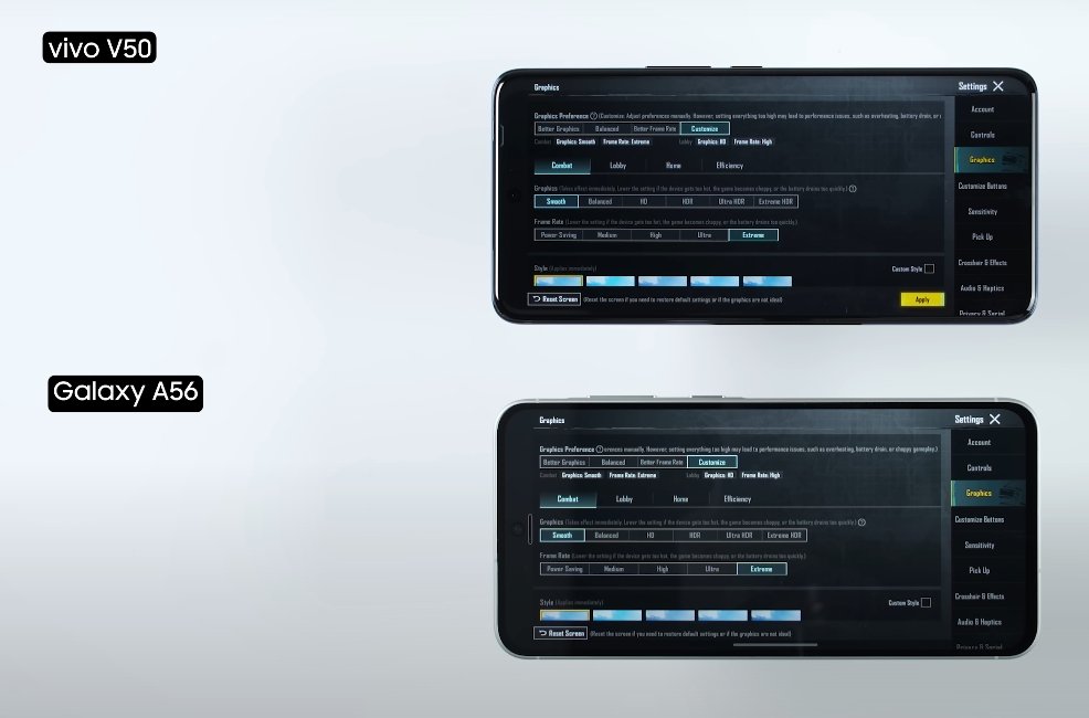 Samsung Galaxy A56 vs Vivo V50 Game play setting