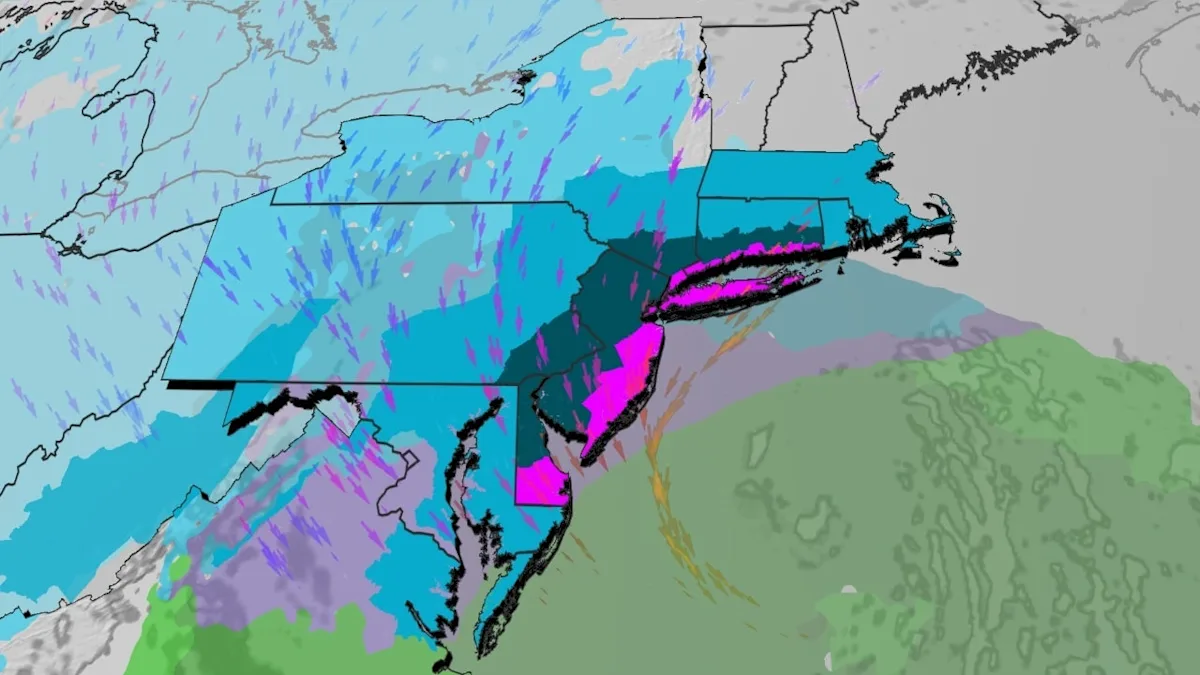 A photo of a severe snowstorm with damaging winds, blizzard conditions, and a grey sky, with a focus on the East Coast storm, the primary keyword phrase, and a descriptive alternative text for the featured image