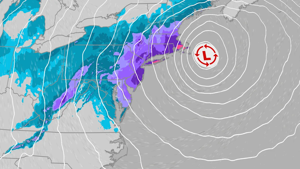 A snow-covered street in New York City, with cars and pedestrians navigating through the snow, as Winter Storm Hernando brings significant snowfall and disruption to the East Coast