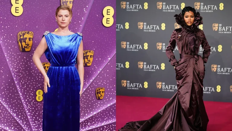 Jessie Buckley and Teyana Taylor pose on the Bafta red carpet, showcasing their unique fashion sense and charisma, with a focus on celebrity fashion and entertainment news