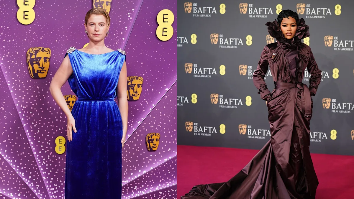 Jessie Buckley and Teyana Taylor pose on the Bafta red carpet, showcasing their unique fashion sense and charisma, with a focus on celebrity fashion and entertainment news