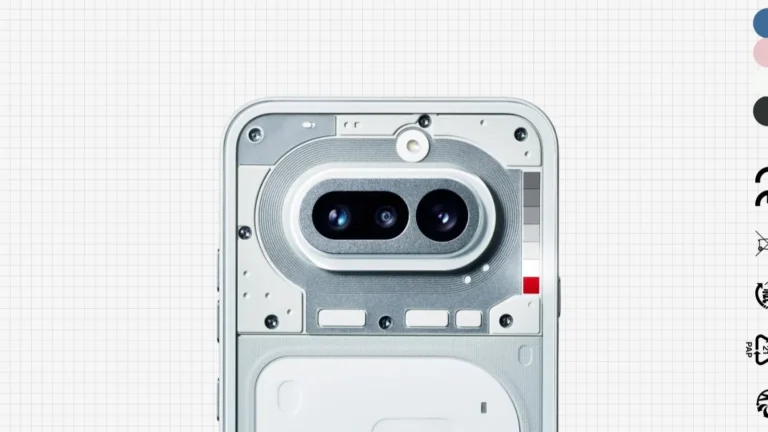 The Nothing Phone 4a features a unique semi-transparent design with a revamped Glyph lighting system, comprising a vertical bar of six square lighting modules. The camera module retains its central, pill-shaped configuration, with the anchoring red square now illuminating as a dedicated recording light. The phone is expected to be available in a range of colours, including blue and pink.