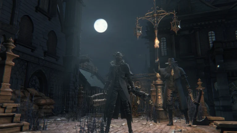 A dark, Gothic cityscape with a full moon hanging low in the sky, showcasing the haunting beauty of Yharnam in the Bloodborne Remaster Project, with a focus on the game's improved graphics and performance