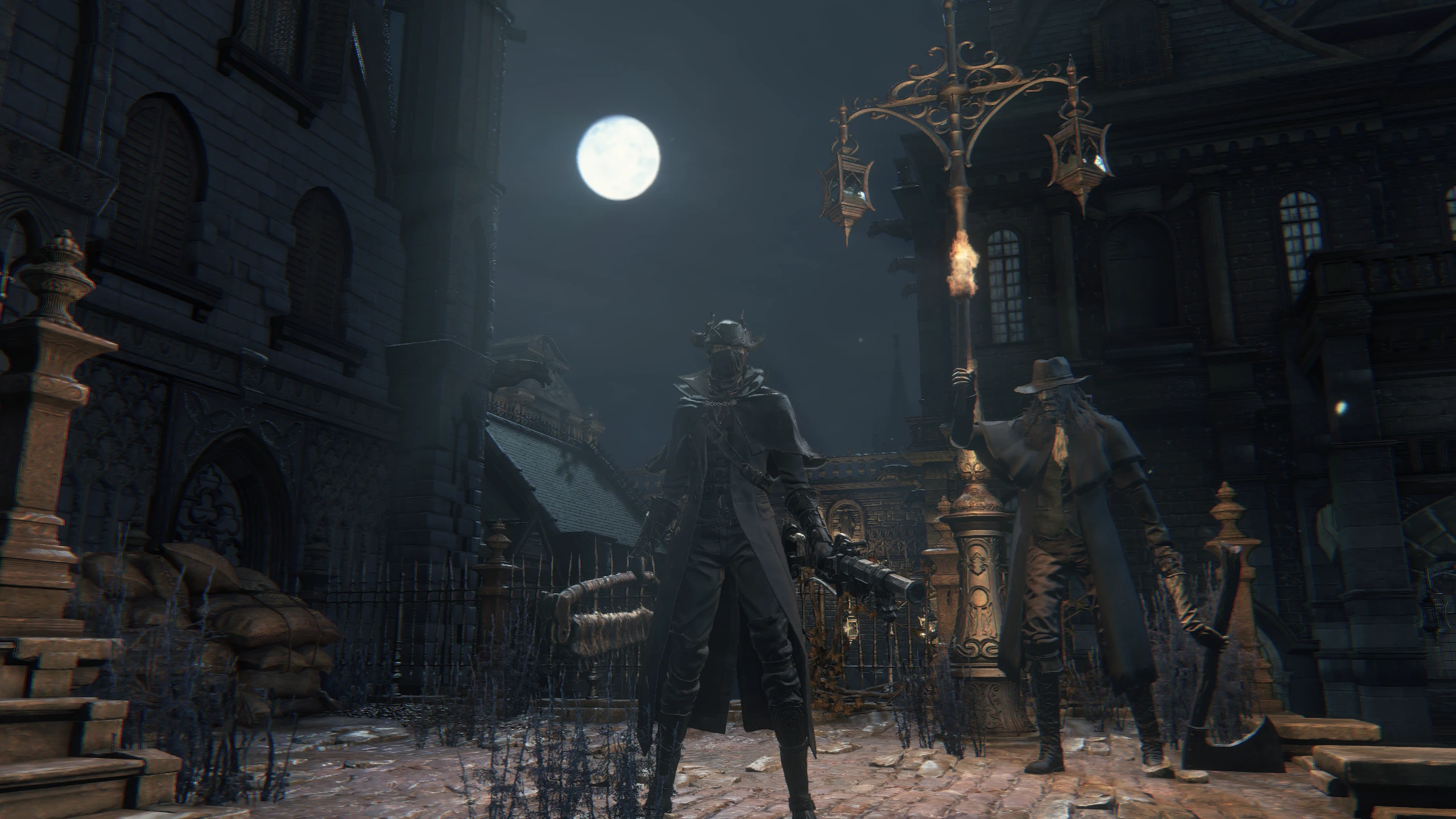 A dark, Gothic cityscape with a full moon hanging low in the sky, showcasing the haunting beauty of Yharnam in the Bloodborne Remaster Project, with a focus on the game's improved graphics and performance