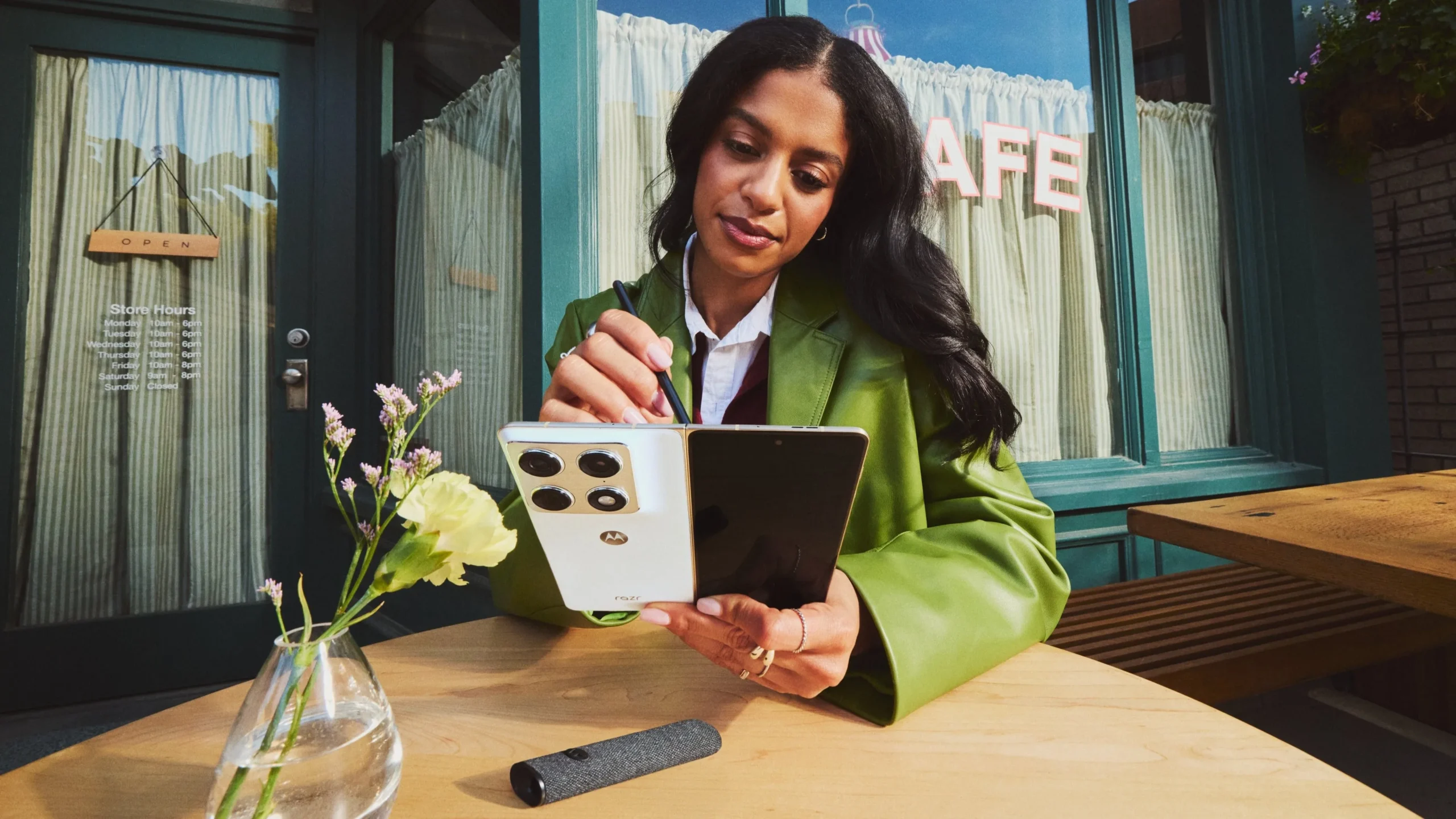 The Motorola Razr Fold, a foldable phone with a 6.56-inch cover screen and an 8.09-inch internal display, featuring a triple-50Mp camera set-up and 122-degree ultrawide, available in the UK market as a more affordable option