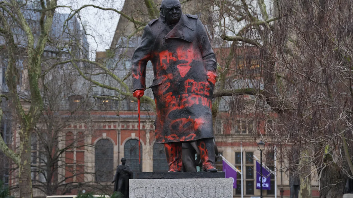 A photo of the defaced Churchill statue with 'Zionist war criminal' graffiti, with a police officer standing next to it, the colour of the graffiti is a vibrant red, the primary keyword is Churchill statue