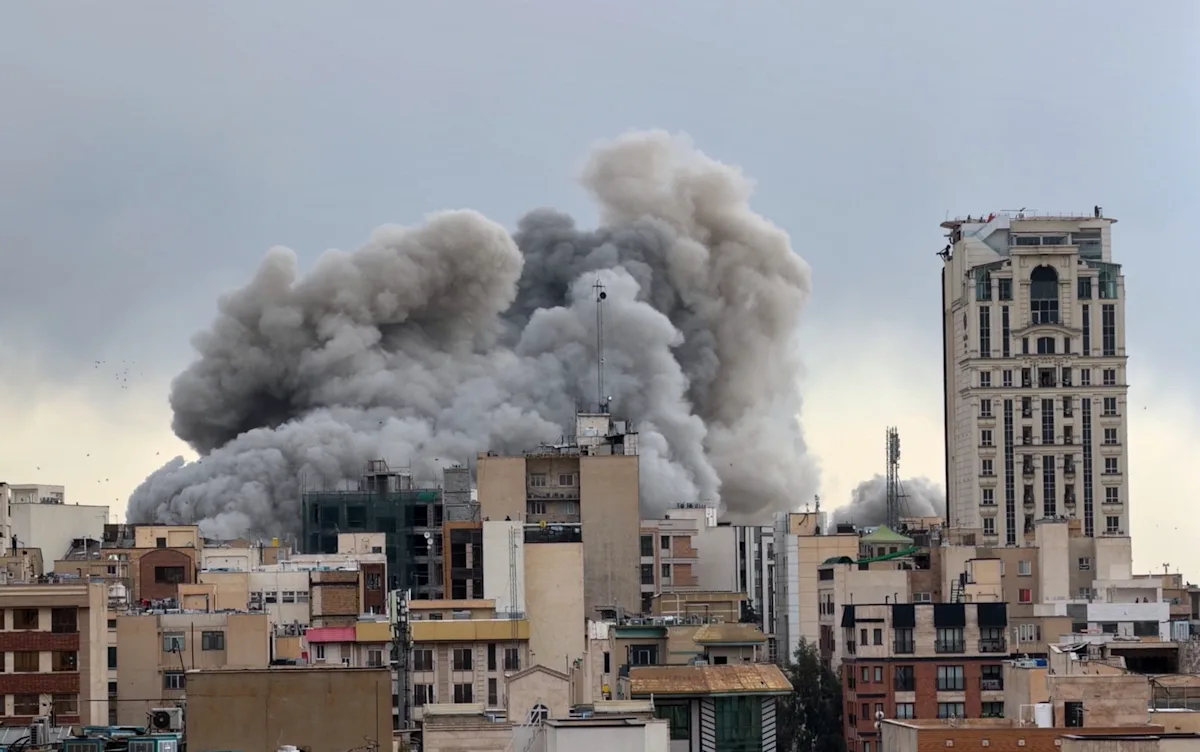 A photo of the Iranian flag, symbolising the country's uncertain future and the four men who will decide its fate, with a focus on the Supreme Leader and the President