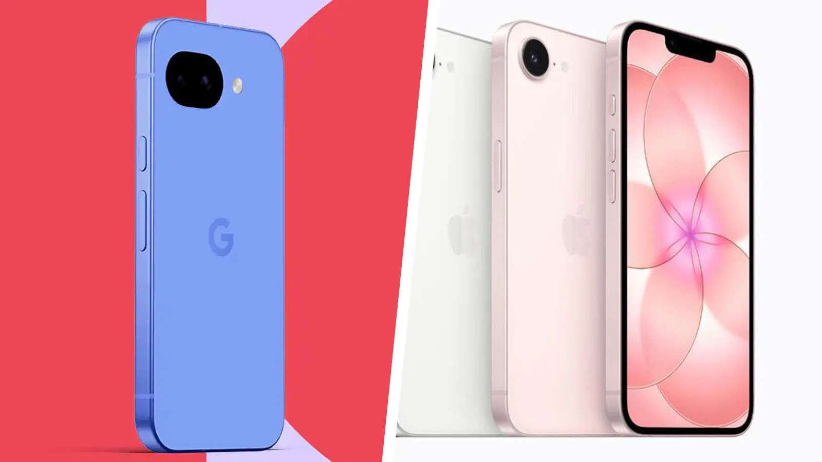 A side-by-side comparison of the Google Pixel 10a and iPhone 17e, showcasing their designs and features, including Qi2 charging and camera capabilities, in the UK market
