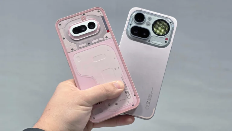 The Nothing Phone 4a and 4a Pro side by side, showcasing their unique designs and Glyph lighting systems, with the UK cityscape in the background, highlighting the phones' mid-range smartphone features