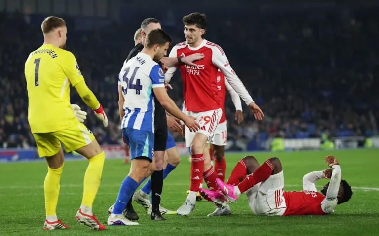 Arsenal players in action, showcasing their new aggressive style of play and determination on the pitch, with a dark and gritty tone to their football