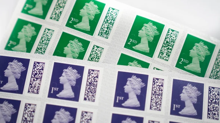 A close-up of a first-class stamp with a red background, highlighting the new price of £1.80, with a Royal Mail postbox in the background, symbolising the UK postal service and the impact of the price hike on mail and postal services