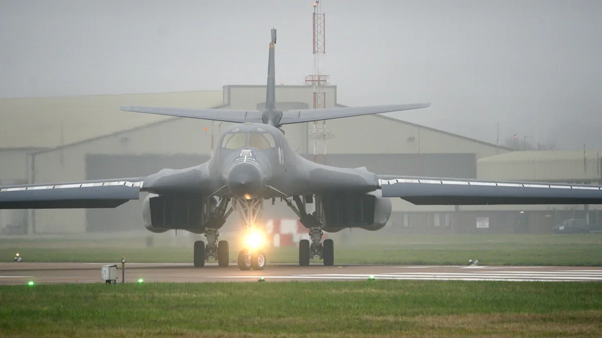 A US bomber aircraft taking off from a British base, symbolising the cooperation between the two nations in enhancing defensive capabilities and promoting international security