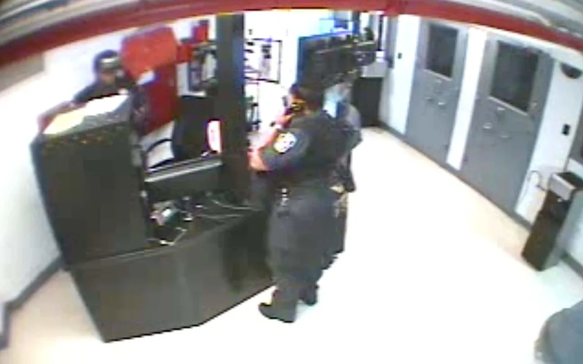 A photo of a prison guard making a cash deposit at a bank, with a caption that reads 'suspicious cash deposits made by Epstein prison guard'