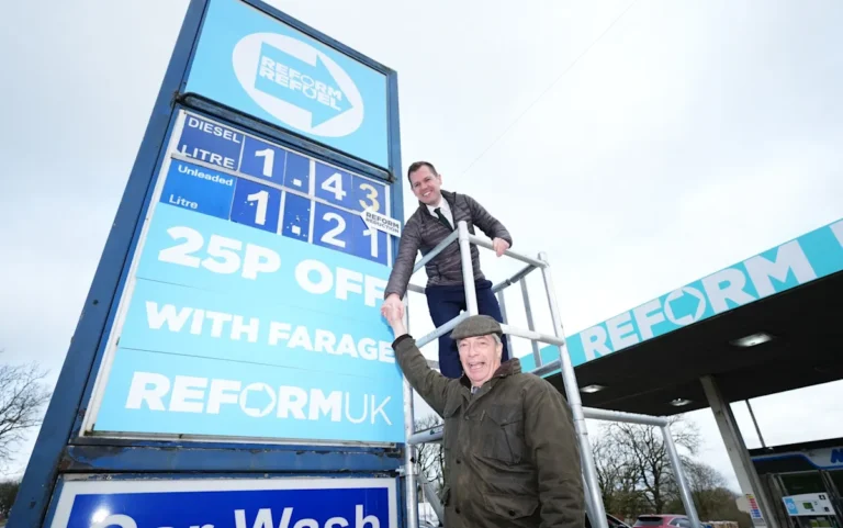 A petrol pump with a sign showing the reduced fuel price, with a car in the background, highlighting the benefits of Farage's reform on fuel prices and the UK economy, with a focus on fuel efficiency and affordability