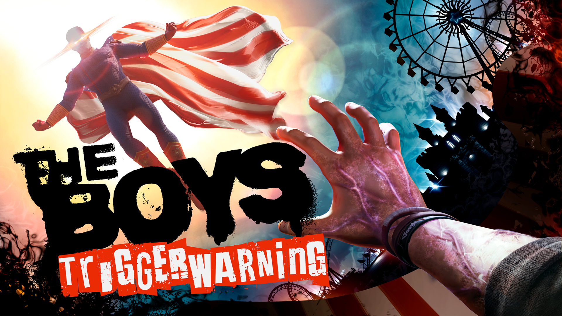 The Boys: Trigger Warning featured image, showing the main characters in a VR environment, with a cityscape in the background, highlighting the game's immersive nature and faithfulness to the TV series, with a focus on the primary keyword, The Boys: Trigger Warning