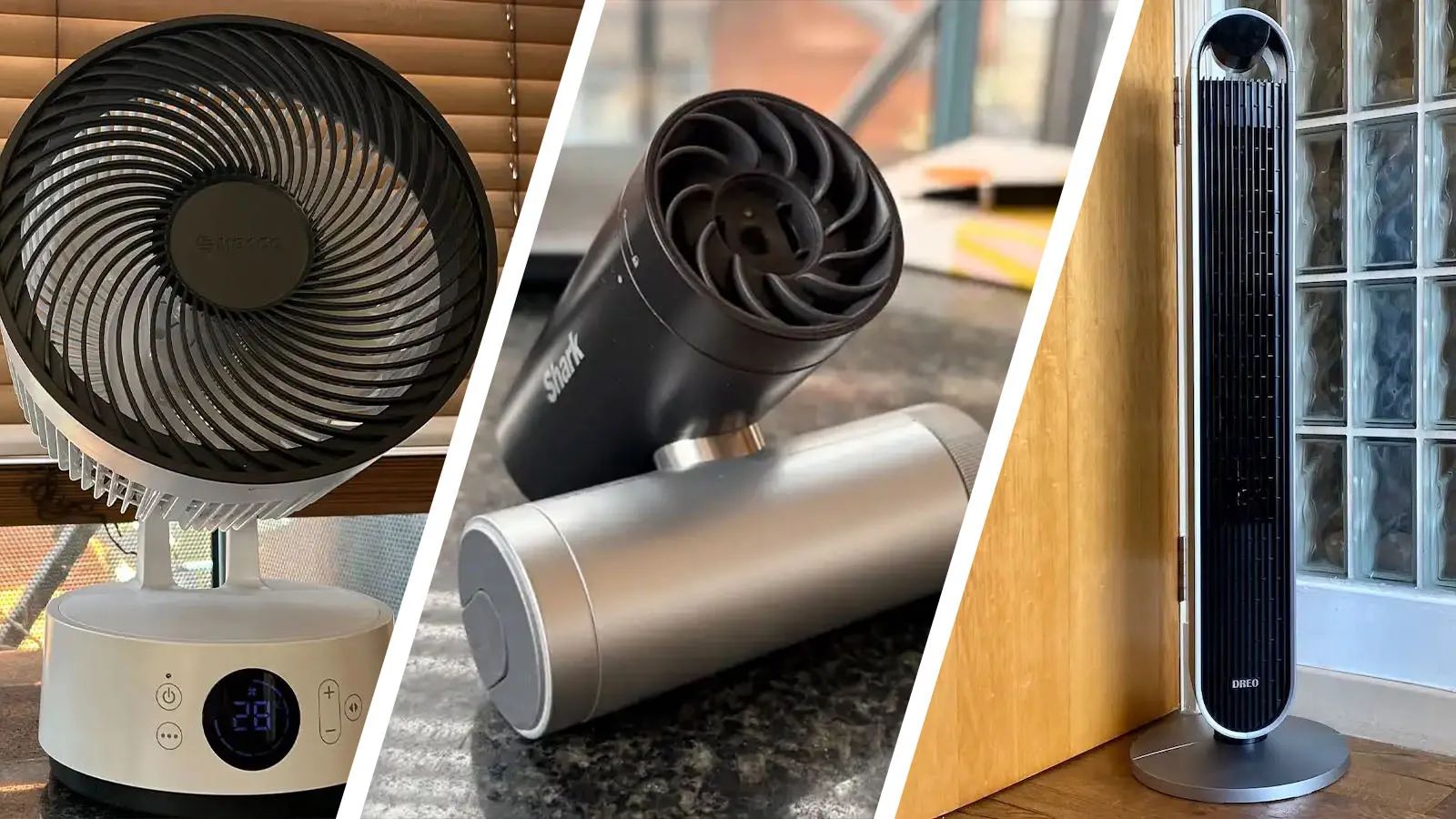A person sitting in a cool and comfortable room with a fan blowing gently in the background, with a caption that reads 'Stay cool and comfortable this summer with our top picks for the best cooling fans in the UK'