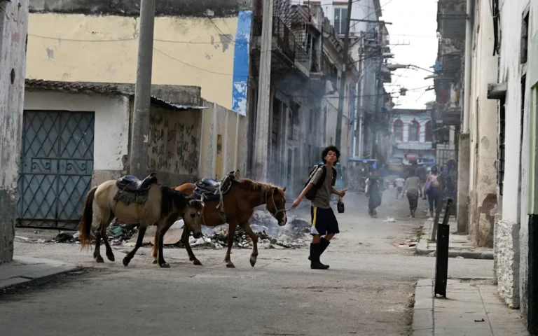 A large crowd of Cuban protesters gathered outside a burning Communist Party office, with flames engulfing the building and smoke billowing into the air, as they demand reform and an end to the Communist Party's grip on power, with a focus on regime change and protest