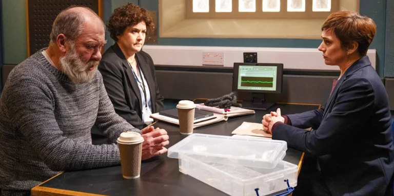 Bear Wolf sitting in a police interview room, looking nervous and anxious, with a police officer sitting across from him, the room is filled with tension and suspense, as the investigation into his behaviour continues, the colour of the room is a dull grey, reflecting the seriousness of the situation