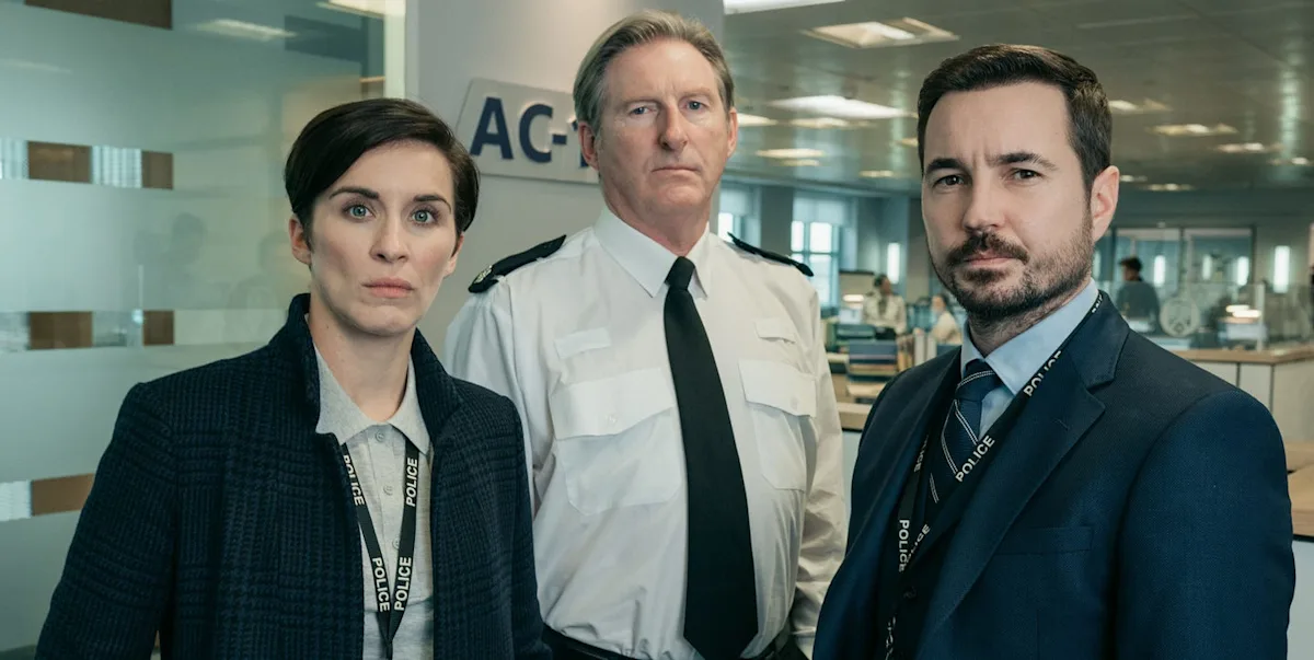 Line Of Duty cast on set, filming for season 7, with a dark and gritty colour palette, analysing the behaviour of complex characters