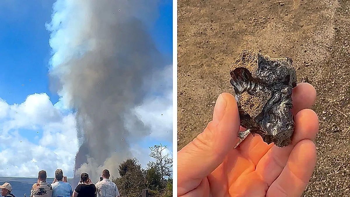 Aerial view of Kīlauea volcano erupting, with tephra falling from the sky, amidst a cloud of ash and smoke, with the primary keyword, Kīlauea eruption, prominently featured