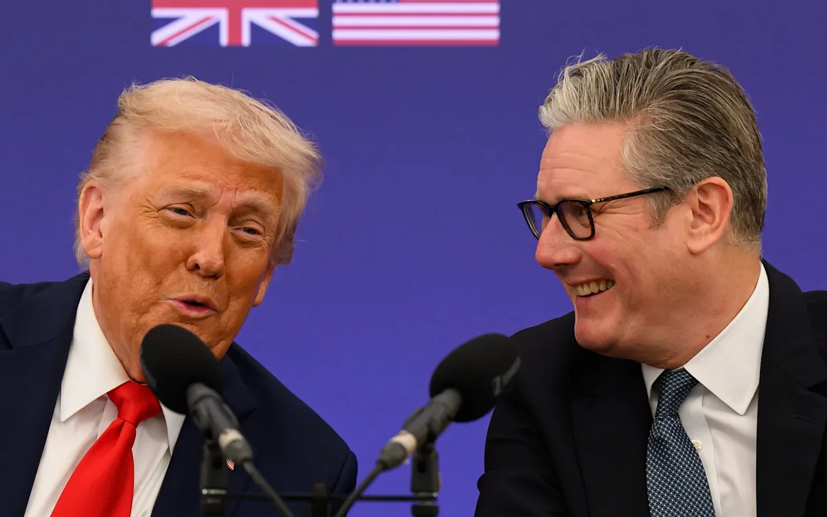 A photograph of Donald Trump and Keir Starmer, with a caption that reads: 'The war of words between Trump and Starmer has sparked a heated debate about the state of politics, with a focus on Trump's childish behaviour and Starmer's calm demeanor'