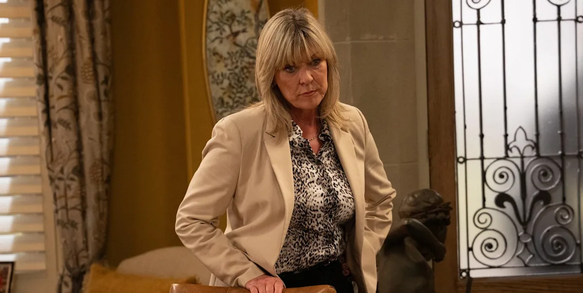 Emmerdale spoilers: Kim Tate's dark storyline begins tonight, featuring a dramatic and intense scene with Kim Tate, played by Claire King, as she unleashes her fury on the villagers, with a mix of anger and desperation in her eyes, set against a dark and ominous background, reflecting the colour and mood of the scene, with a sense of foreboding and tension, as the villagers watch in shock and horror, analysing the situation and trying to make sense of Kim's behaviour
