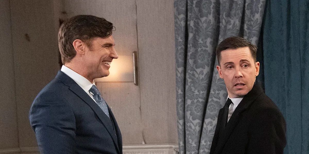 A dramatic scene from Coronation Street, showcasing Todd's wedding day surprise, with Theo standing in the background, looking menacing, the colour of deception and betrayal hanging in the air, as the wedding surprise is set to change everything, in this shocking Coronation Street spoiler