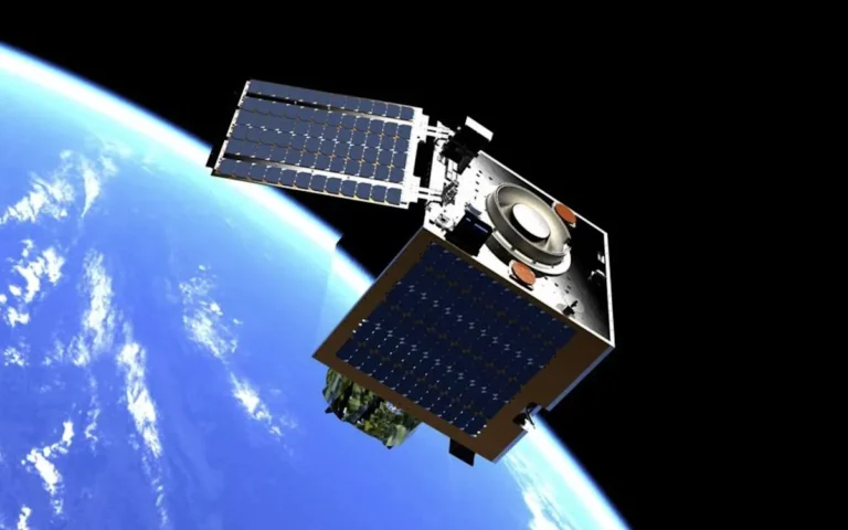 A descriptive image of the satellite in space, with a cityscape in the background, showcasing its ability to peer inside buildings and analyse internal structures, highlighting the primary keyword of satellite technology
