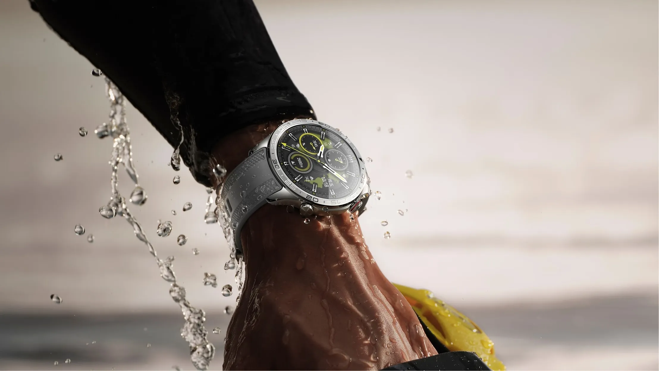 A person swimming in the sea with a smartwatch on their wrist, with a warning symbol overlayed on the image, highlighting the risks of water damage in the UK