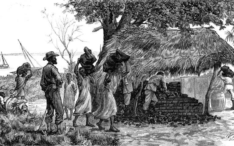 A historic image of a slave ship, with the caption 'The UK's role in the transatlantic slave trade is a dark period in its history, with ongoing implications for modern society and the call for slavery reparations'