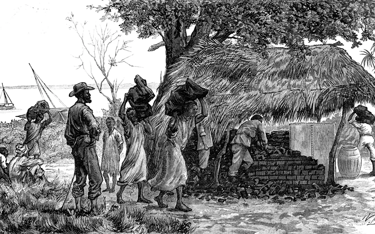 A historic image of a slave ship, with the caption 'The UK's role in the transatlantic slave trade is a dark period in its history, with ongoing implications for modern society and the call for slavery reparations'