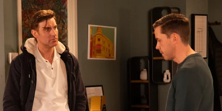 A screenshot of the Coronation Street episode featuring Theo, with a caption that reads 'Theo's web of deceit unravels in Coronation Street'