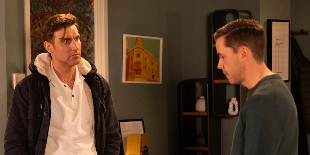 A screenshot of the Coronation Street episode featuring Theo, with a caption that reads 'Theo's web of deceit unravels in Coronation Street'