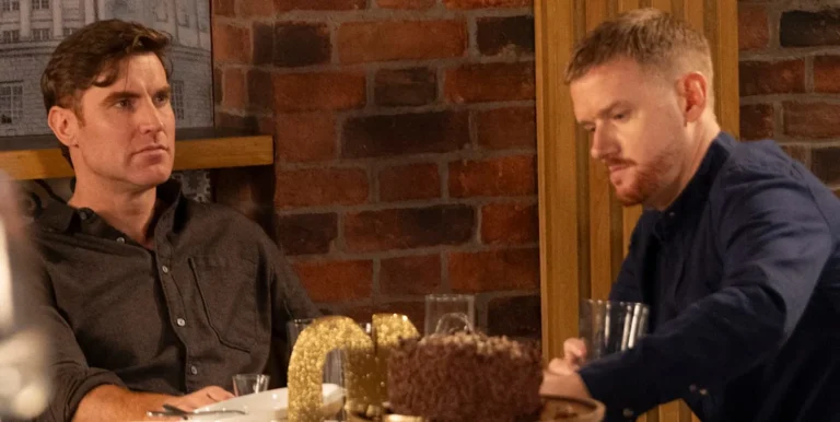 A dramatic image of Gary Windass and Theo from Coronation Street, with a dark and ominous tone, hinting at the sinister warning and the intense drama that is about to unfold, with a focus on the primary keyword Coronation Street