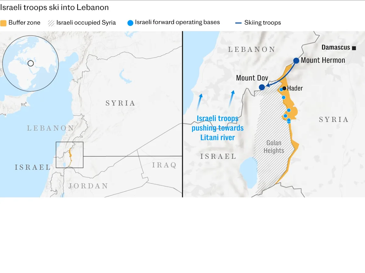 Israeli troops skiing down a snowy mountain in Lebanon, their colourful uniforms a stark contrast to the white landscape, as they navigate the challenging terrain with ease, in a daring military operation that highlights their skiing skills and bravery, with a focus on skiing troops and military operations