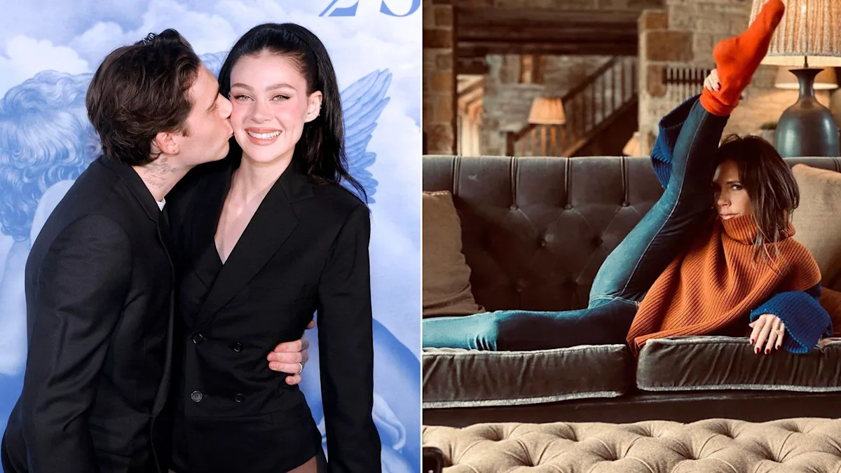 Nicola Peltz poses in a splits position, reminiscent of Victoria Beckham's iconic pose, with a subdued colour palette and a striking resemblance to her estranged mother-in-law's earlier photoshoots, showcasing her flexibility and flair for the dramatic, with the primary keyword being celebrity news