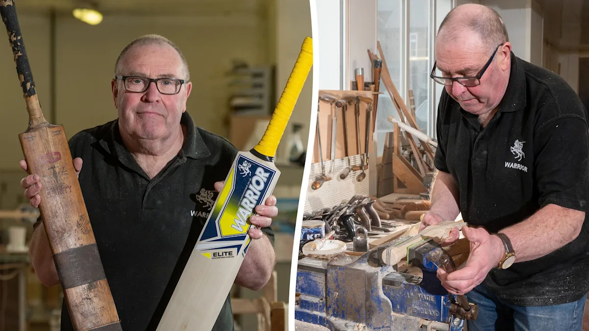 A skilled craftsman carefully shapes a cricket bat from a piece of willow wood, the traditional material used in the craft, with the primary keyword cricket bat maker