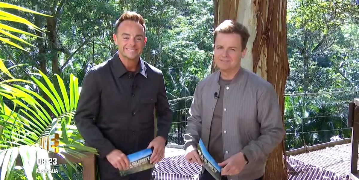 A photo of the I'm a Celebrity South Africa camp, with the insufferable campmate in the centre, surrounded by their fellow contestants, set against the beautiful South African landscape, with a mix of colours and personalities on display