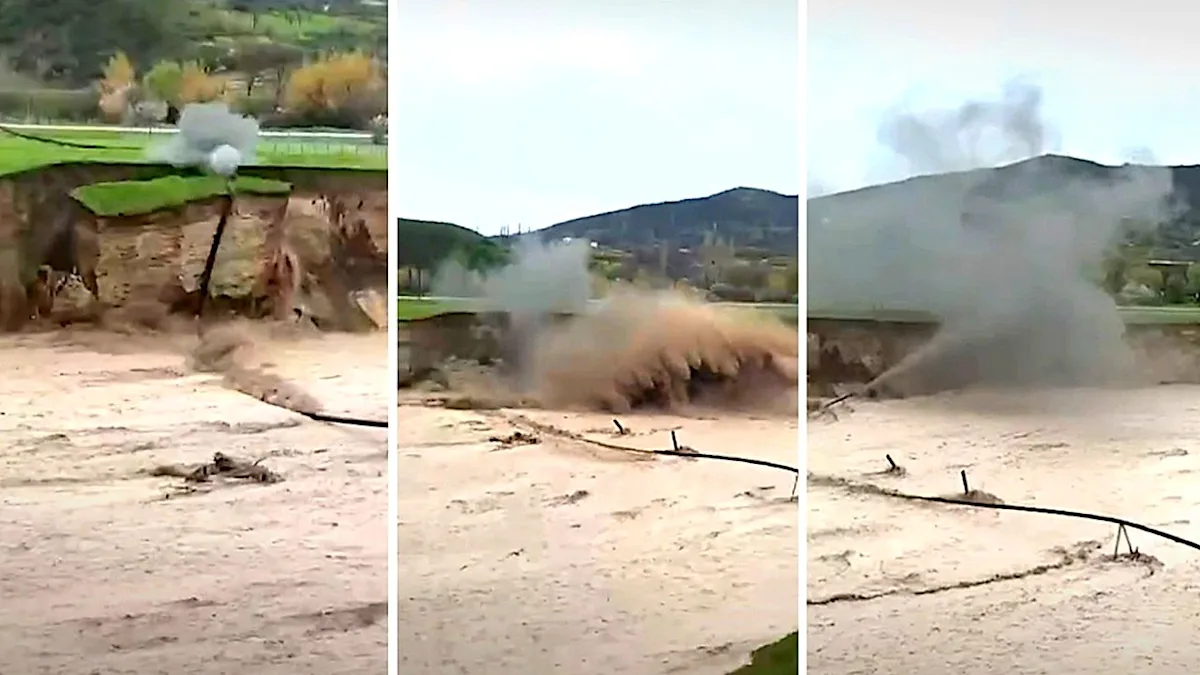 Aerial view of flooded areas in Dagestan, with damaged buildings and debris scattered everywhere, highlighting the devastating impact of the Dagestan floods and landslides