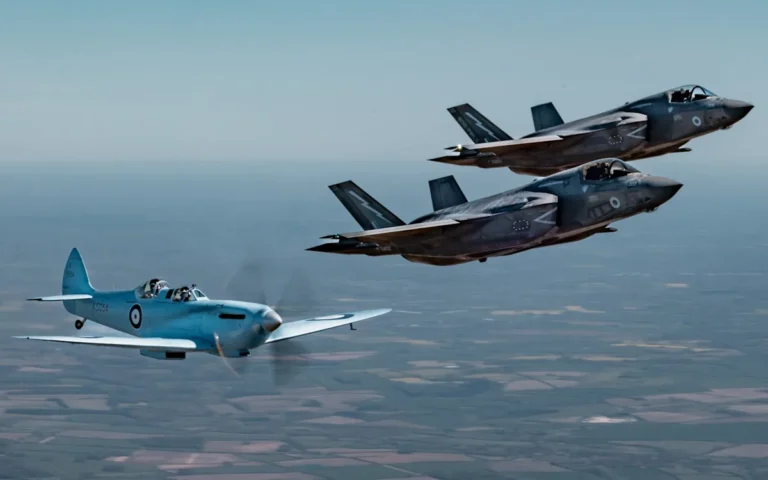 The F-35 fighter jet escorts the Spitfire on a historic tour of Britain, marking a unique moment in aviation history with the modern F-35 and the vintage Spitfire flying together in a captivating spectacle