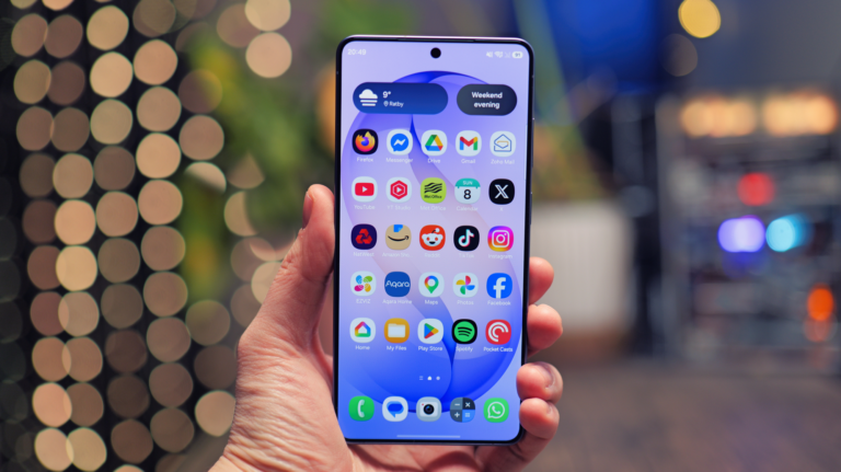 A close-up of a Google Pixel smartphone screen displaying the Android operating system, with a blurred background of a cityscape in the UK, highlighting the phone's speed and efficiency