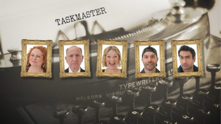 Taskmaster season 21 UK contestants and hosts, including Amy Gledhill, Armando Iannucci, Joanna Page, Joel Dommett, Kumail Nanjiani, Greg Davies, and Little Alex Horne, with a colourful and humorous background