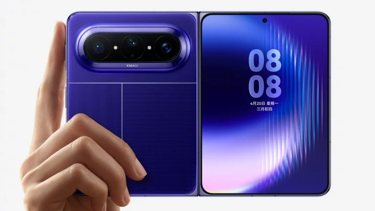 Huawei Pura X Max wide foldable phone in various colours, showcasing its unique design and features, with a focus on its wide inner display and potential benefits for gaming and film watching in the UK