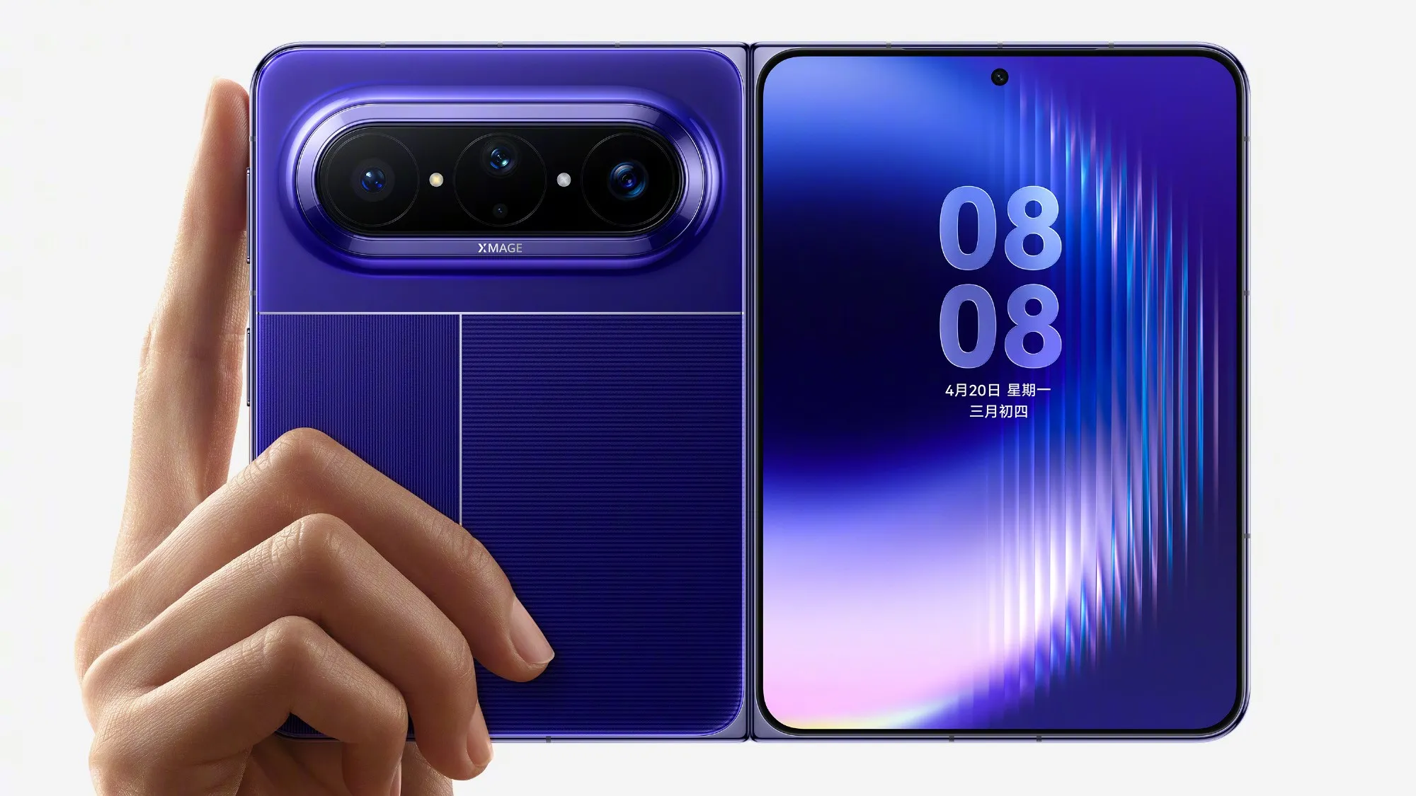 Huawei Pura X Max wide foldable phone in various colours, showcasing its unique design and features, with a focus on its wide inner display and potential benefits for gaming and film watching in the UK