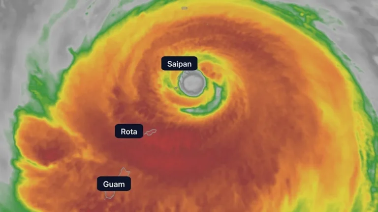 A satellite image of Super Typhoon Sinlaku, showing its massive cloud formation and strong winds, as it approaches the islands of Saipan, Tinian, and Guam, with the primary keyword phrase Super Typhoon Sinlaku clearly visible