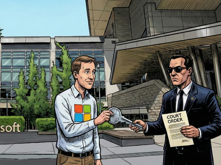 A person holding a laptop with a concerned expression, symbolising the risk of cloud-based encryption, with a blurred background of code and locks, highlighting the importance of data security and the potential vulnerability of Microsoft's BitLocker keys being handed over to law enforcement agencies.