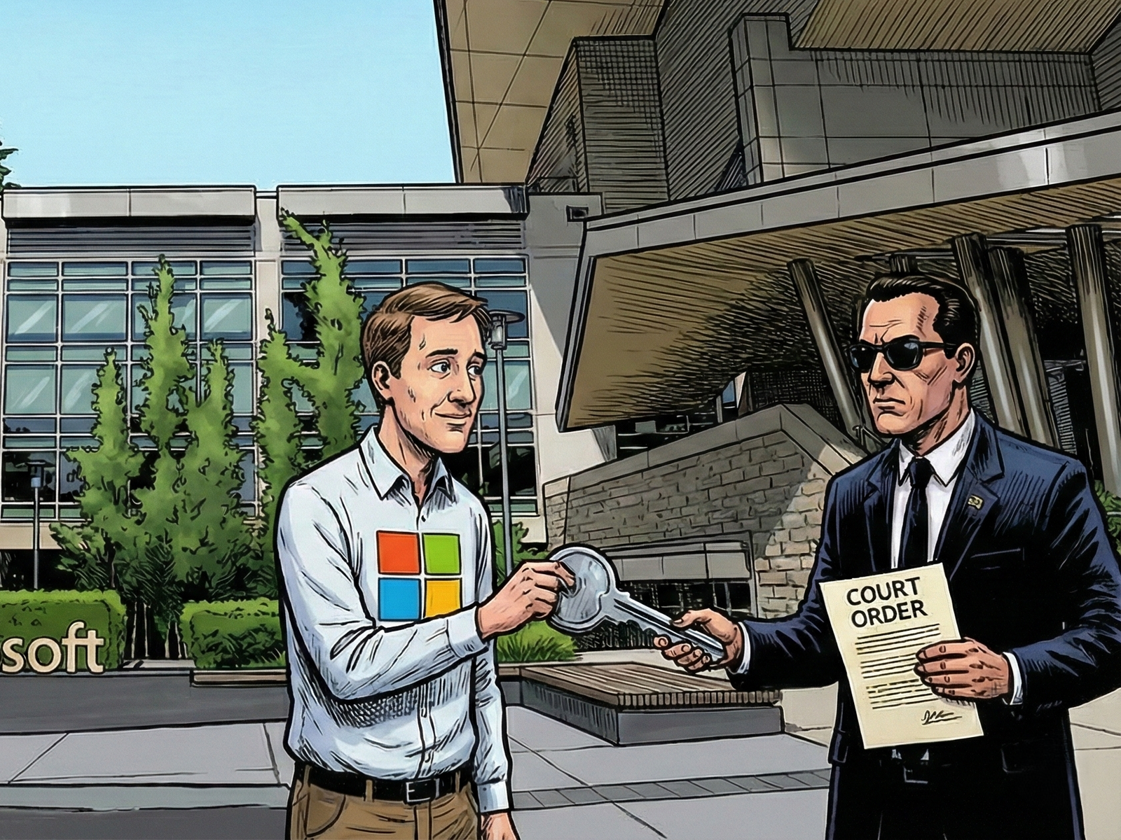 A person holding a laptop with a concerned expression, symbolising the risk of cloud-based encryption, with a blurred background of code and locks, highlighting the importance of data security and the potential vulnerability of Microsoft's BitLocker keys being handed over to law enforcement agencies.