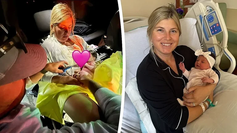 A baby born on the side of a California highway, with the parents holding their newborn child, surrounded by emergency services, a truly miracle delivery and unexpected birth, with the primary keyword being baby born