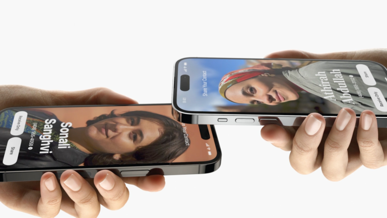 A person holding two Android phones, with a glowing screen indicating the Tap to Share feature in action, surrounded by people in the background, highlighting the feature's potential to simplify social interactions in the UK