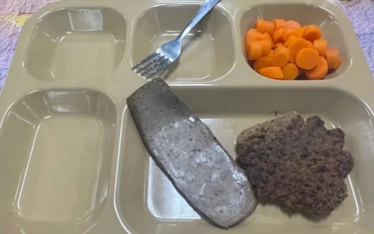 A photograph of a near-empty tray with grey meat and boiled carrots, highlighting the poor quality of meals served to Trump's troops, with a focus on the primary keyword 'troop meals'